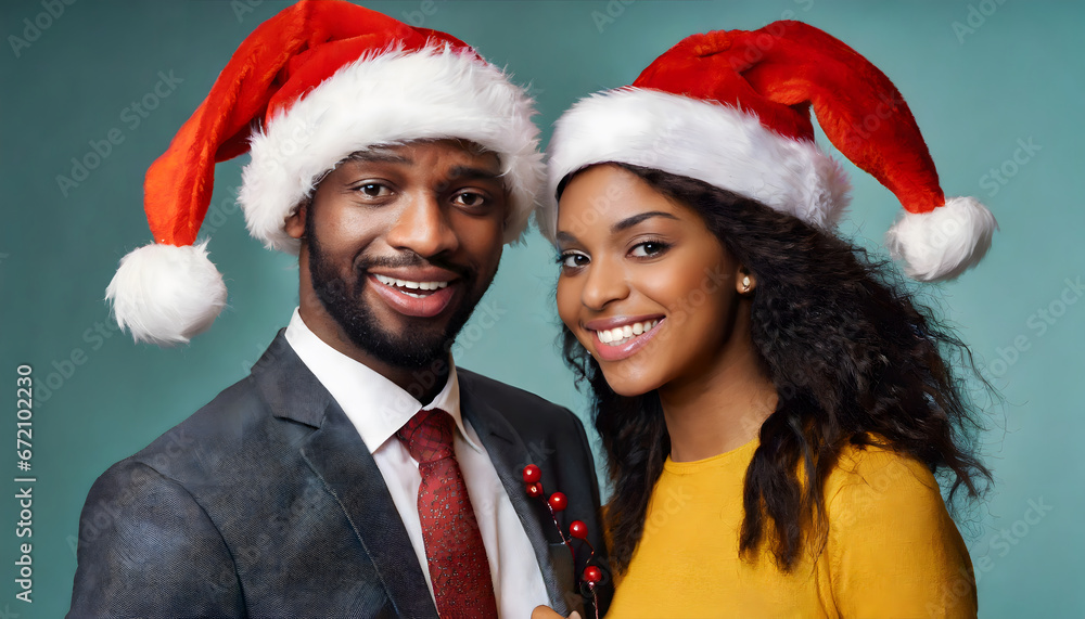 African descendant couple with Santa hat at Christmas African descendant couple with Santa hat at Christmas