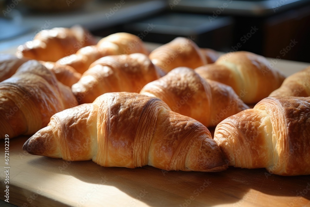 AI-generated illustration of freshly-baked golden-brown croissants lined up on a rustic wooden board