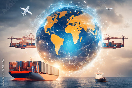 ship in the sea
Global Freight Network Abstract 3D rendering of a global,
Businessman holding digital globe in palm for logistics import export background . photo