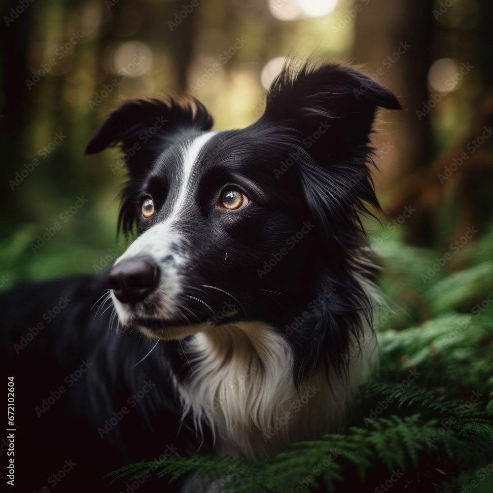 AI generated illustration of a black and white Border Collie a lush green forest full of trees