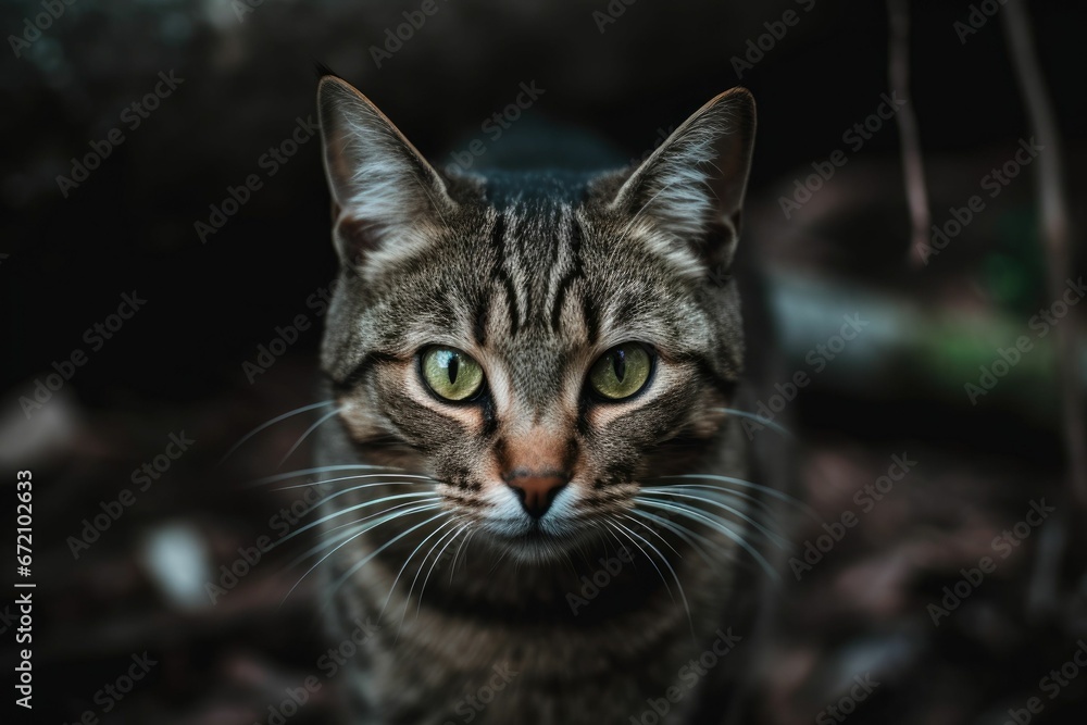 AI-generated illustration of a cute striped cat with a blurry background