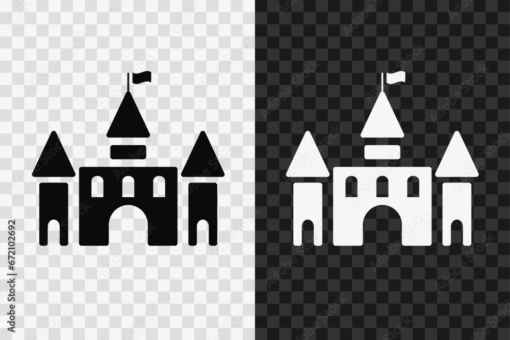 Ancient castle silhouette icon, vector glyph sign. Fortress symbol isolated on dark and light transparent backgrounds.