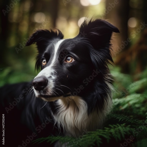 AI generated illustration of a black and white Border Collie a lush green forest full of trees © Wirestock