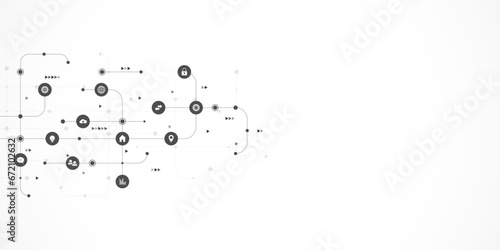 Information technology background with infographic elements and flat icons. Digital technology, network connection and communication concept. Vector illustration