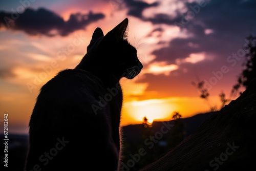 AI generated illustration of a silhouette of a cat during the sunset in the evening