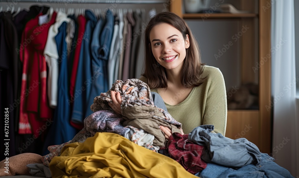 A Serene Moment: Woman Relaxing on Bed Surrounded by Tidy Wardrobe A Serene Moment: Woman Relaxing on Bed Surrounded by Tidy Wardrobe