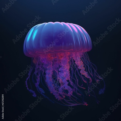 AI generated illustration of a fluorescently lit jellyfish swimming in a deep sea environment photo