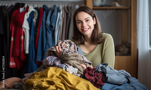 A Serene Moment: Woman Relaxing on Bed Surrounded by Tidy Wardrobe