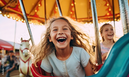 Young Girls Having Fun on a Whirling Carousel Ride