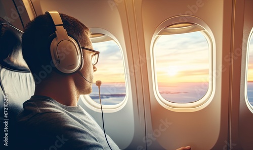 A Man Enjoying Music on a Flight With Noise-Canceling Headphones © uhdenis