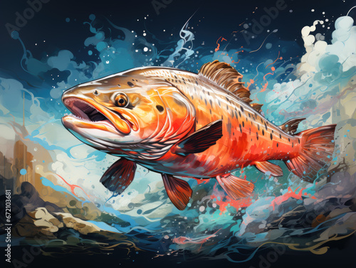 In a burst of energy  a rainbow trout leaps out of the river water.
