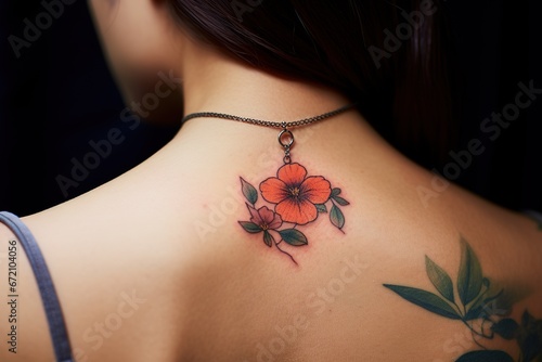 Close up of a small nightshade flower tattoo inside a circle on a back of the neck of a woman. A delicate and feminine design.