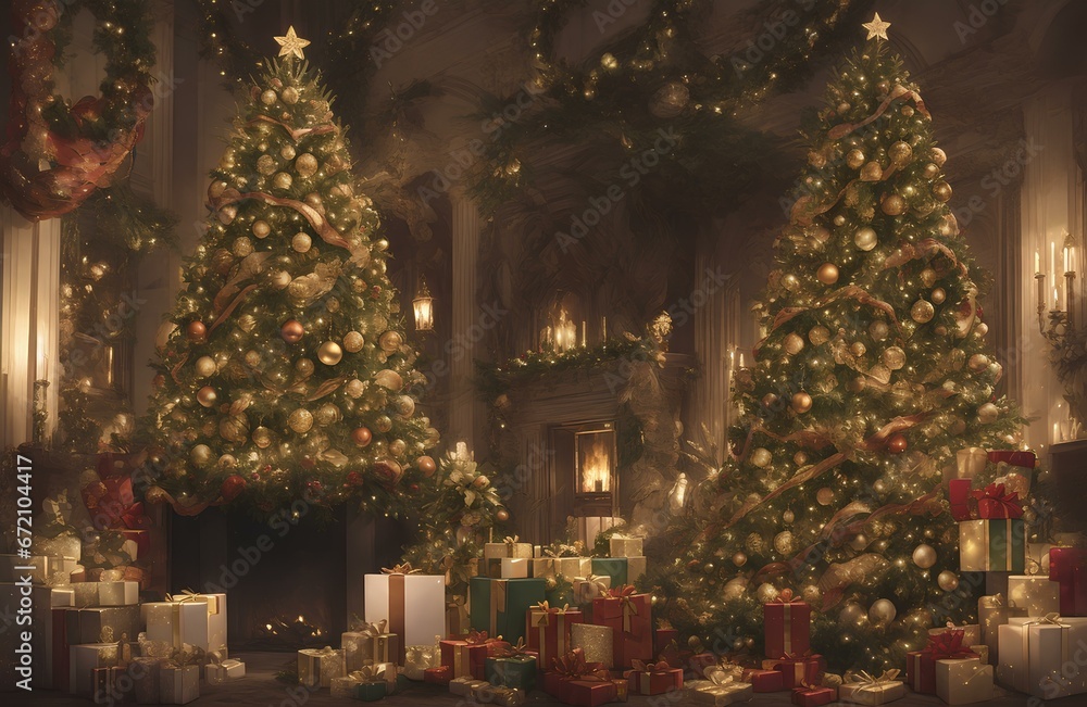 Christmas trees adorned with an array of colorful ornaments with gifts. Christmas atmosphere