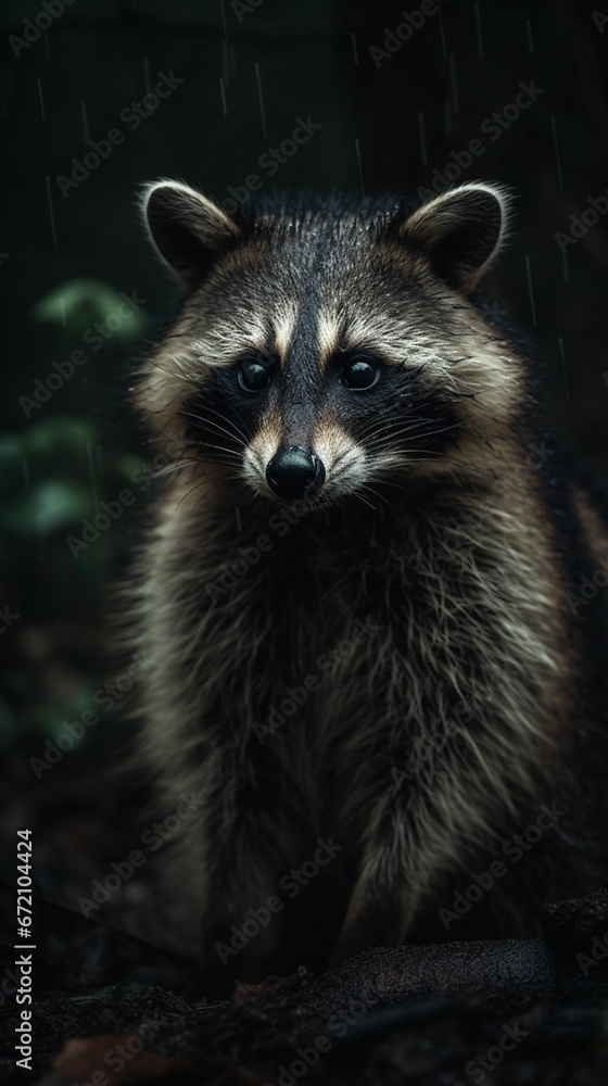AI generated illustration of a raccoon trekking through a dark, wooded area