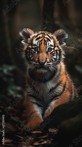 AI generated illustration of a young tiger cub in the midst of a lush forest