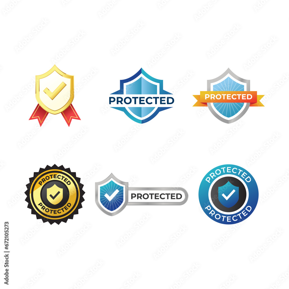 Protection, protected shield concept with banner. Safety badge icon. Security label. Vector illustration Protection, protected shield concept with banner. Safety badge icon. Security label. Vector illustration