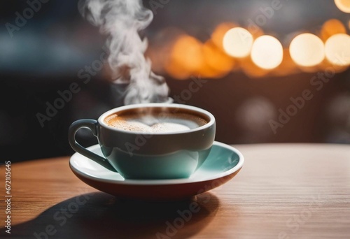 AI generated illustration of a coffee cup on a wooden table with a golden sunburst in the background