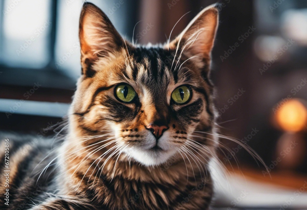 AI generated illustration of A cat with brown markings sitting on a rug