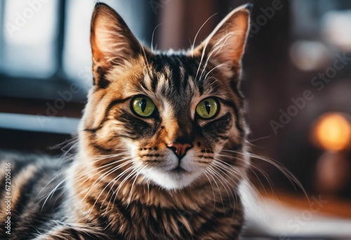 AI generated illustration of A cat with brown markings sitting on a rug © Wirestock