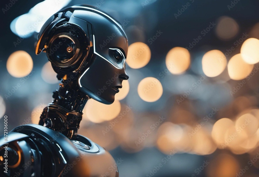 Fototapeta premium AI generated illustration of a robot in a dimly lit room, featuring a mysterious atmosphere