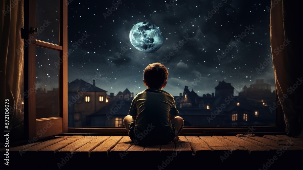 Back of a little boy looking at the moon at the window, child with science knowledge Back of a little boy looking at the moon at the window, child with science knowledge