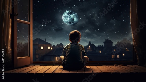 Back of a little boy looking at the moon at the window, child with science knowledge