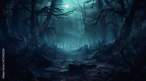 Realistic haunted forest creepy landscape at night.