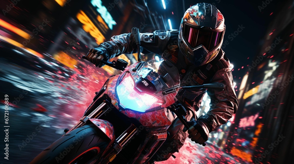 AI generated illustration of a man on a motorcycle against a backdrop of bright neon lights at night AI generated illustration of a man on a motorcycle against a backdrop of bright neon lights at night