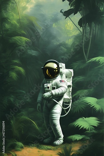 AI generated illustration of an astronaut walking through a dense tropical forest photo