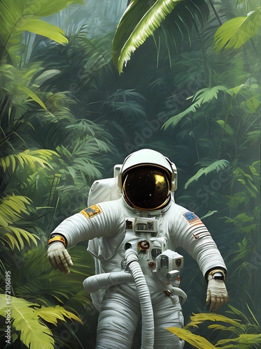 AI generated illustration of an astronaut walking through a dense tropical forest photo