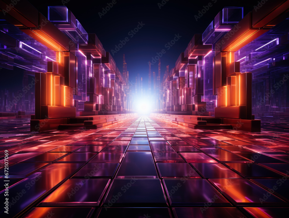 Abstract neon background with glowing lines, forming an empty room with floor reflections in a 3D render.