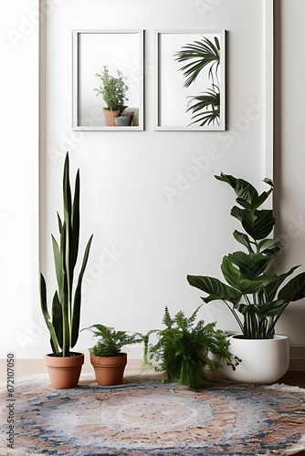 AI generated illustration of a modern minimalistic room filled with plants