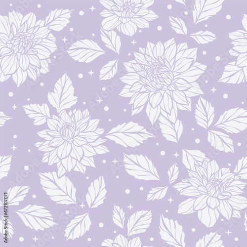 Pastel purple detailed floral vector pattern with dots, stars and hand drawn dahlia illustrations, magical seamless repeat background with flowers, cute wallpaper design.