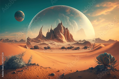AI generated illustration of a desert landscape with mountains and planets in the distance