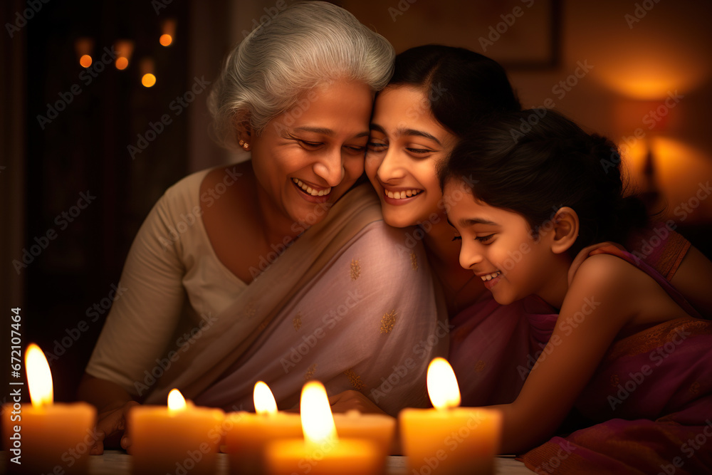 Indian ethnic senior woman embracing her grand children on the occasion of Diwali festival Indian ethnic senior woman embracing her grand children on the occasion of Diwali festival