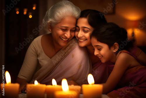 Indian ethnic senior woman embracing her grand children on the occasion of Diwali festival 