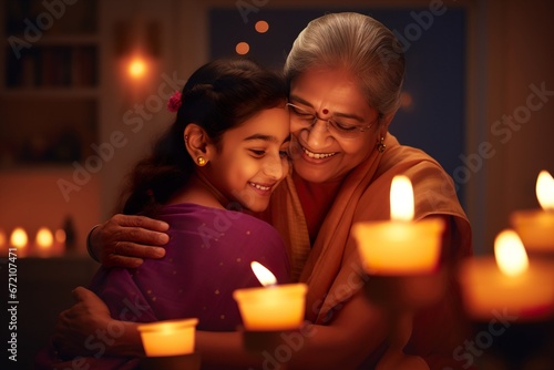 Indian ethnic senior woman embracing her grand daughter on the occasion of Diwali festival 