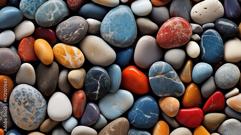 Top view of colorful pebbles on the beach during sunset.