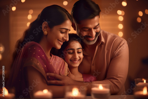 Young loving couple and their child hugging together on the occasion of Diwali festival.