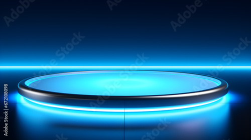 Futuristic room with circle blue neon podium . 3D space with empty stage.light blue background for product presentation with a circular neon glow.