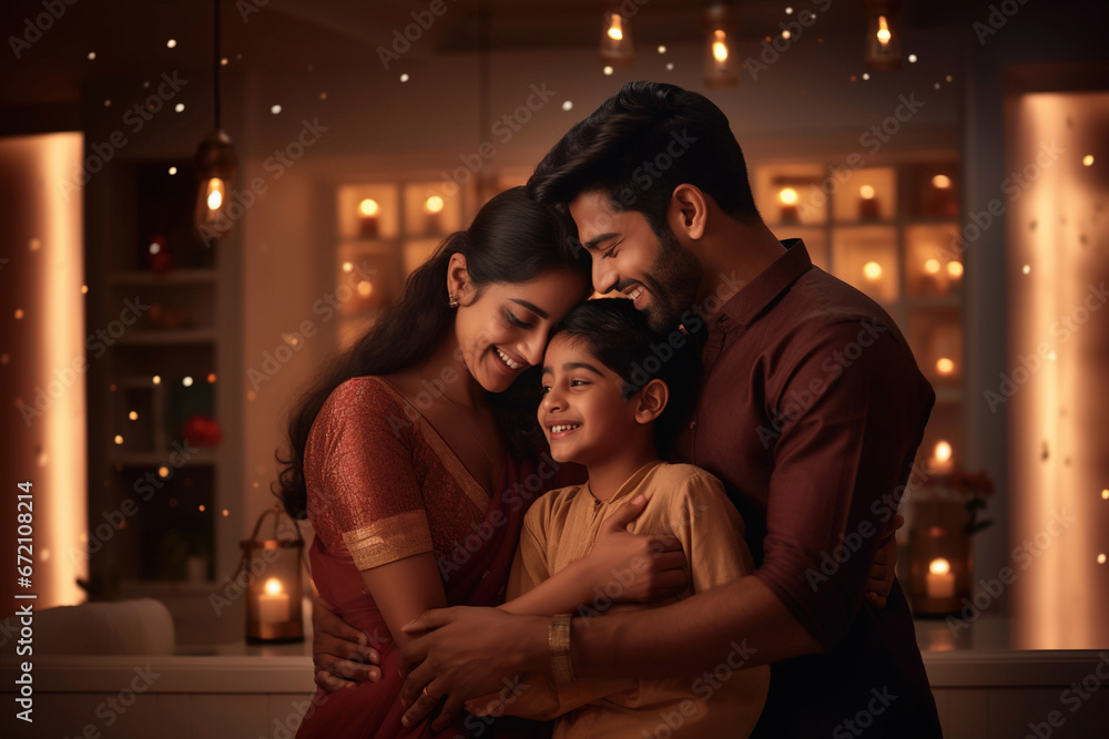 Young loving couple and their child hugging together on the occasion of Diwali festival.