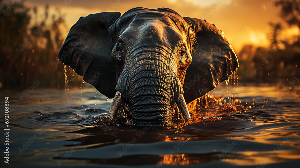 elephant in water - obrazy, fototapety, plakaty 