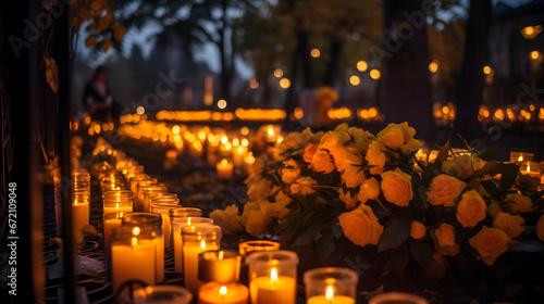 Lots of lit candles and yellow marigold flowers at the cemetery. Celebrating All Saints Day at graveyard at night © Planetz