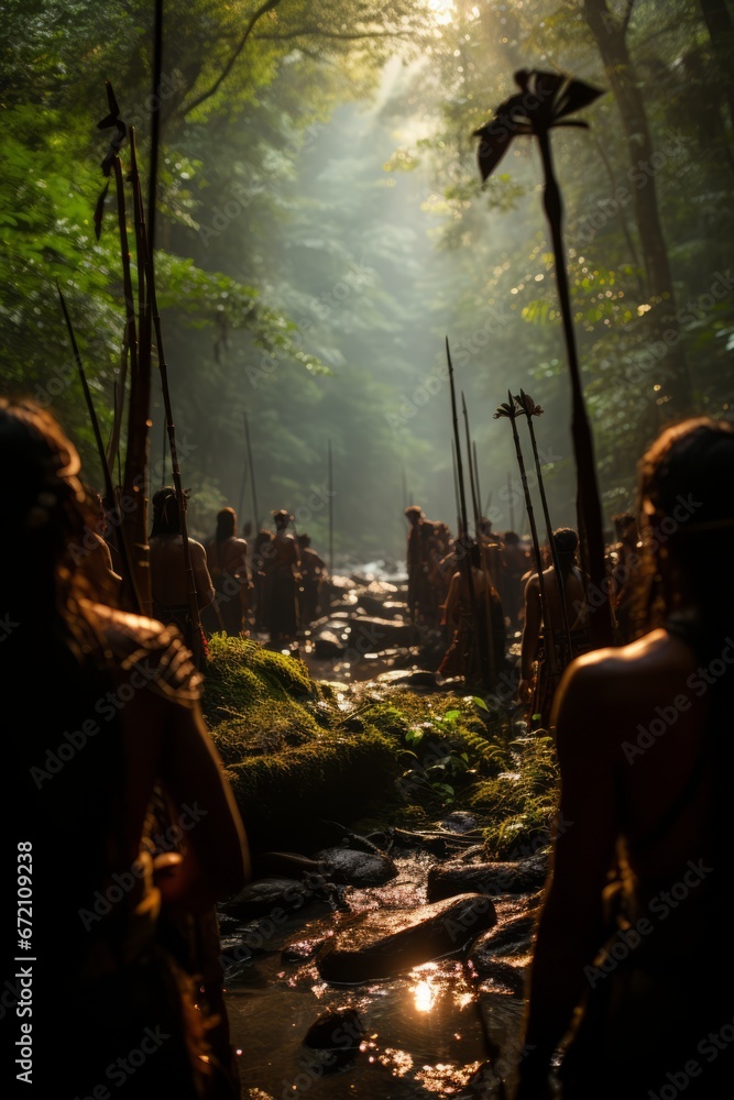 A group of archers in traditional attire practicing archery in a lush forest, Generative AI