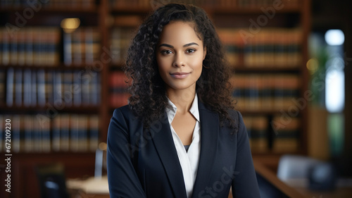Portrait, lawyer mixed race woman with folder, smile and happy in office workplace. Judge in courtroom.