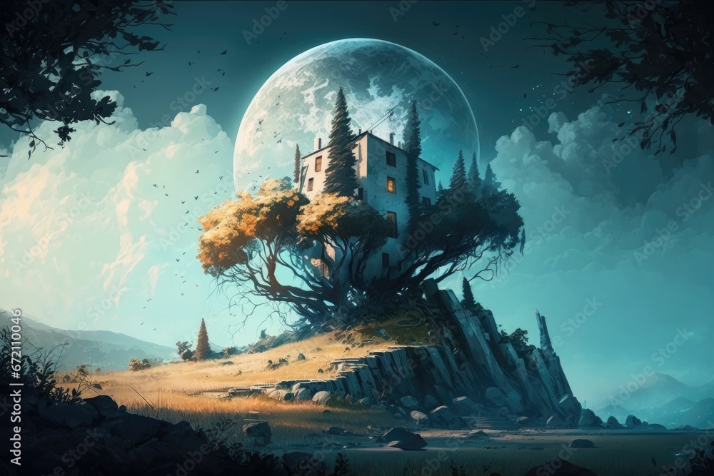 AI generated digital art of the moon stuck in the house on the mountain AI generated digital art of the moon stuck in the house on the mountain