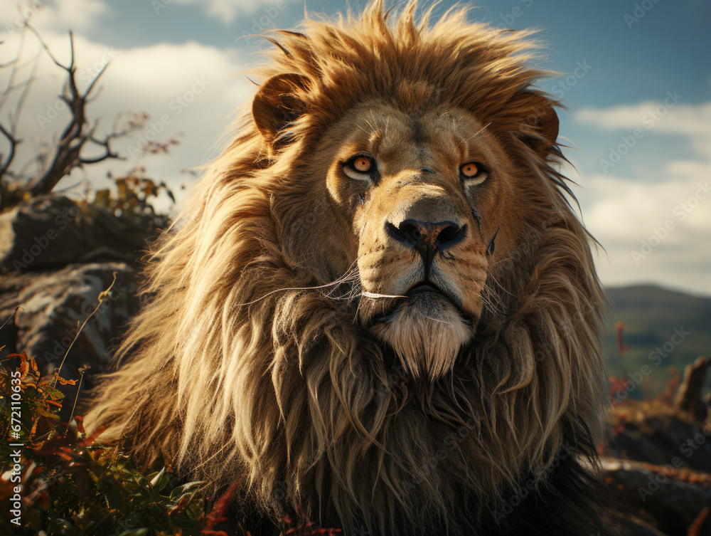 The majestic and proud lion, its rock-sculpted head seen from above, gazes serenely over the horizon, with a compassionate rather than aggressive gaze.