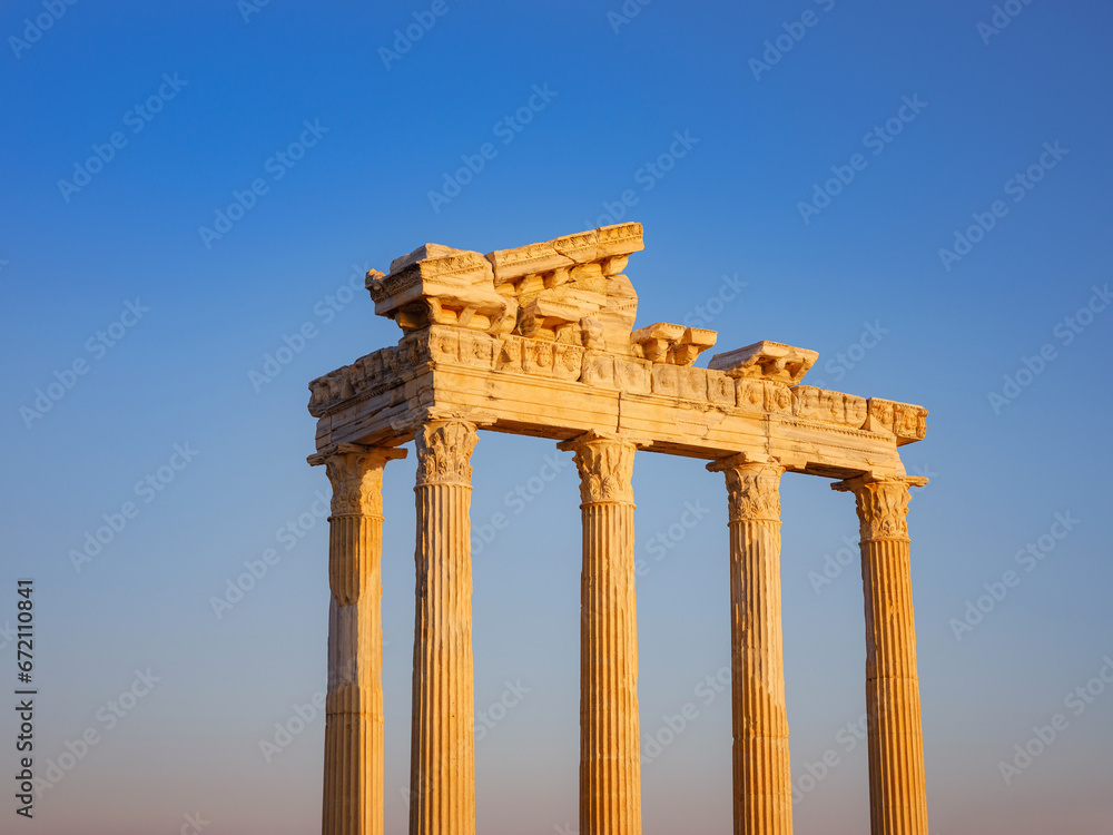 travel to ancient city of Side, Antalya coast of Turkey in tourist low season. Ruins of the Temple of Apollo in Side