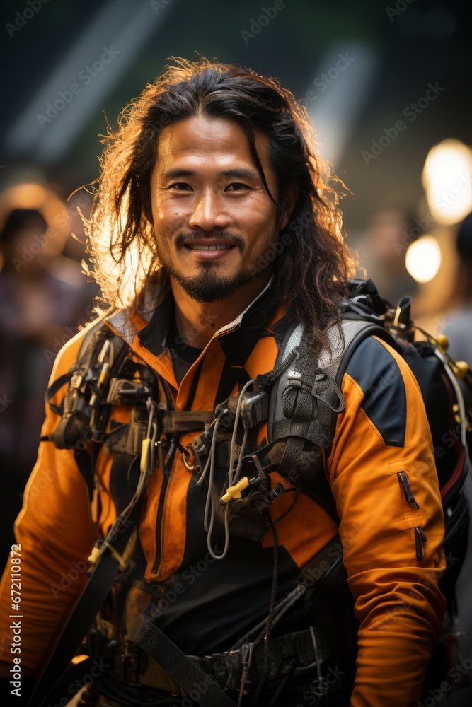 Fototapeta premium An archer in action during an archery competition, with a blurred background to convey motion, Generative AI