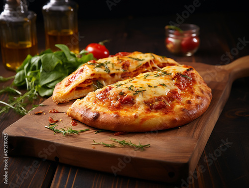 Fresh calzone pizza on a wooden cutting board on rustic background.